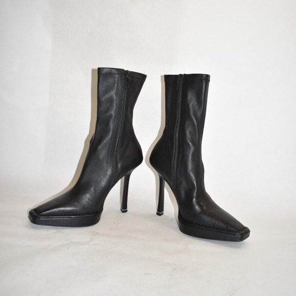 $1000 Alexander Wang Platform Bootie SOCK SQUARE HEEL LEATHER BLACK 37 (DA14) - Picture 5 of 10